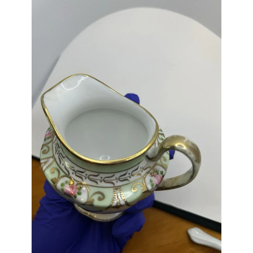 Cottagecore Hand Painted Porcelain Mini Creamer Floral Gold‎ Moriage Pink Green